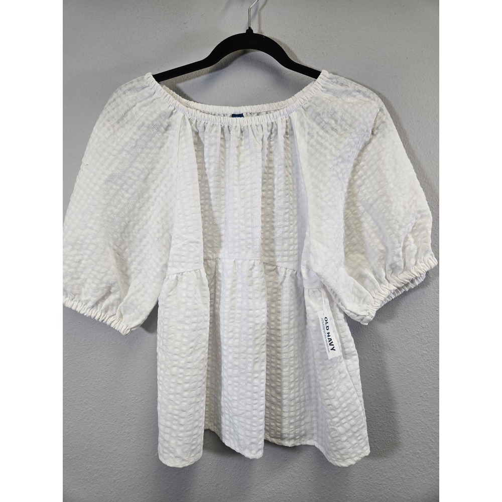 Old Navy White Seersucker Textured Puff Sleeve Babydoll Peasant Top M